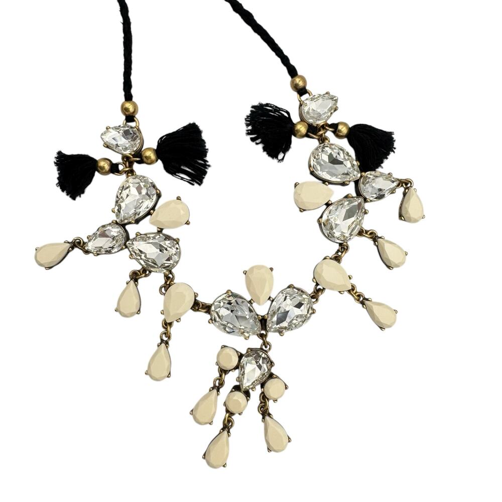 J. Crew Y2K Cream Geometric Stone Rhinestones Brass Tone Long Statement Necklace - Picture 6 of 7